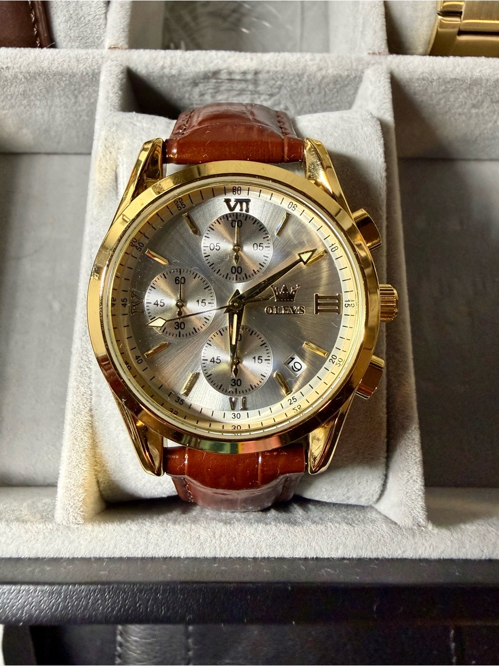 Men's Gold Chronograph Watch with Brown Leather Strap